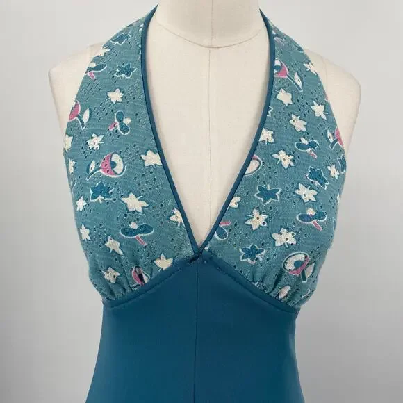 Vintage 70s Halter Dress Floral Pattern Triangle Bodice Teal Blue Pink Womens XS - Picture 2 of 10